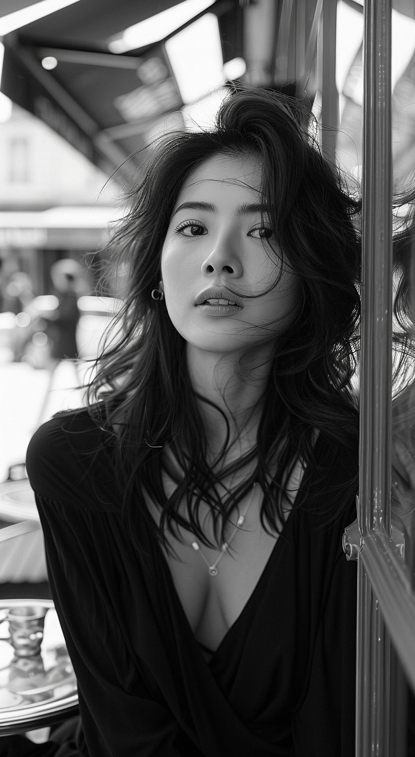 ultra-realistic black and white photo of a beautiful Asian woman, shot on a Sony a7III, on the street in Paris, emotive expressions, detaile