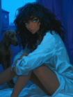 A beautiful black woman with long messy wavy black hair, sitting on a bed alone at night, in the style of Makoto Shinkai. She has green and blue eyes that look off sadly into the distance. She wears a long sleeved white nightshirt, modest. She sits with her knee pulled up to her chest and looks sad and lonely. A hound dog sits on the bed in the background. Expressive, soft, vulnerable emotions, fantasy character art. --niji 6