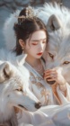 A beautiful girl in ancient Chinese costume, wearing gold crown and silver earrings with white fur on her head is sitting next to two white huge wolves with golden eyes, she hugs the neck of one wolf, elegant face, gorgeous , long hair flowing down behind her back, digital art style, exquisite details, warm tones, golden light, soft lighting, fantasy realism, in thestyle of hyper-realistic sci-fi, fantasticalmachines,norwegian nature,master-levelsurrealism,posters,in --ar 9:16 --style raw